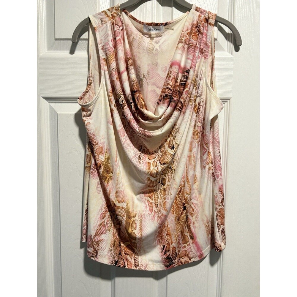 Calvin Klein Women's Size L Sleeveless Cowl Neck Top Colorful Print Stretch Knit